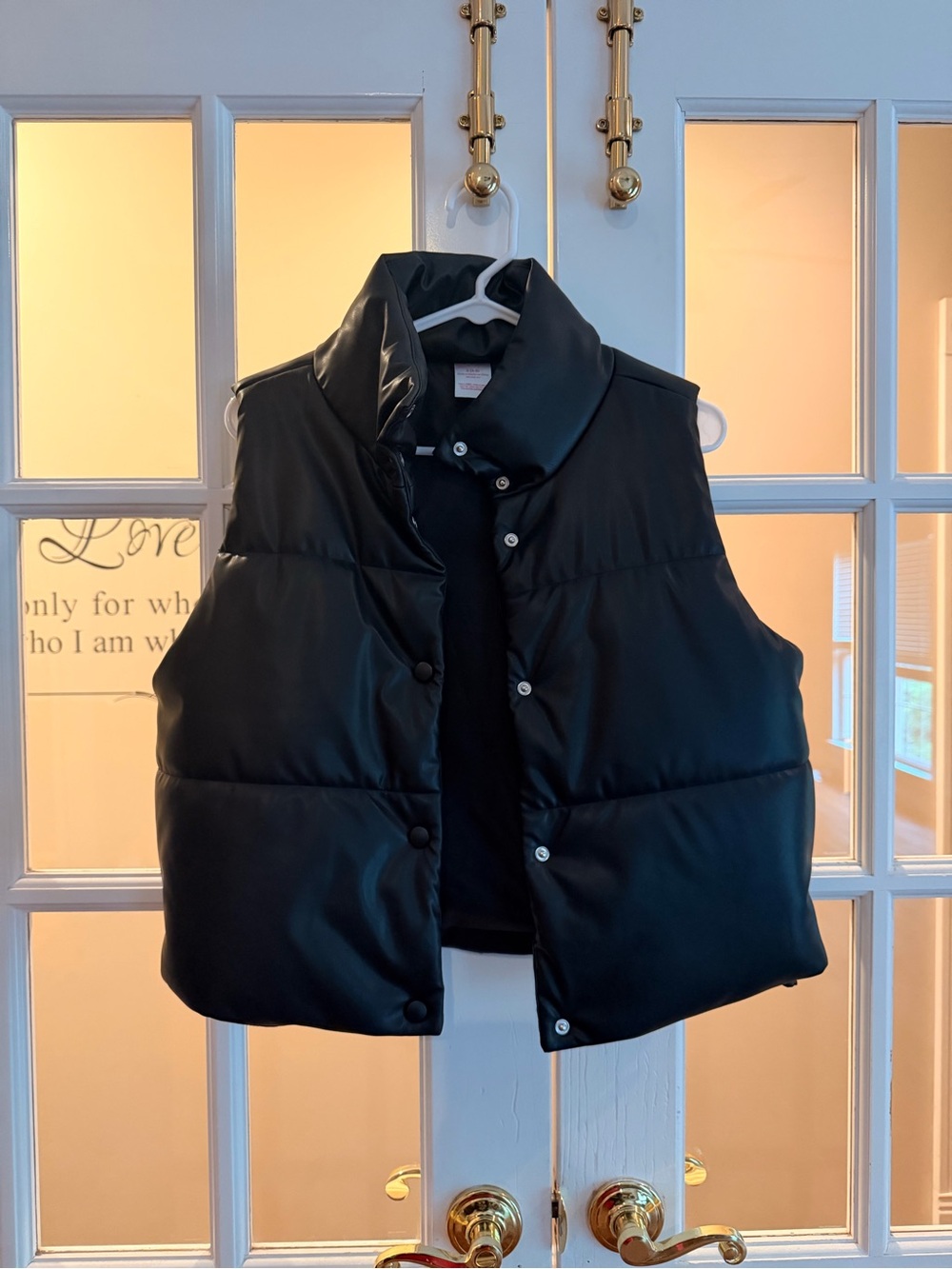 Faux Leather Black Puffer Vest with Snap Closure